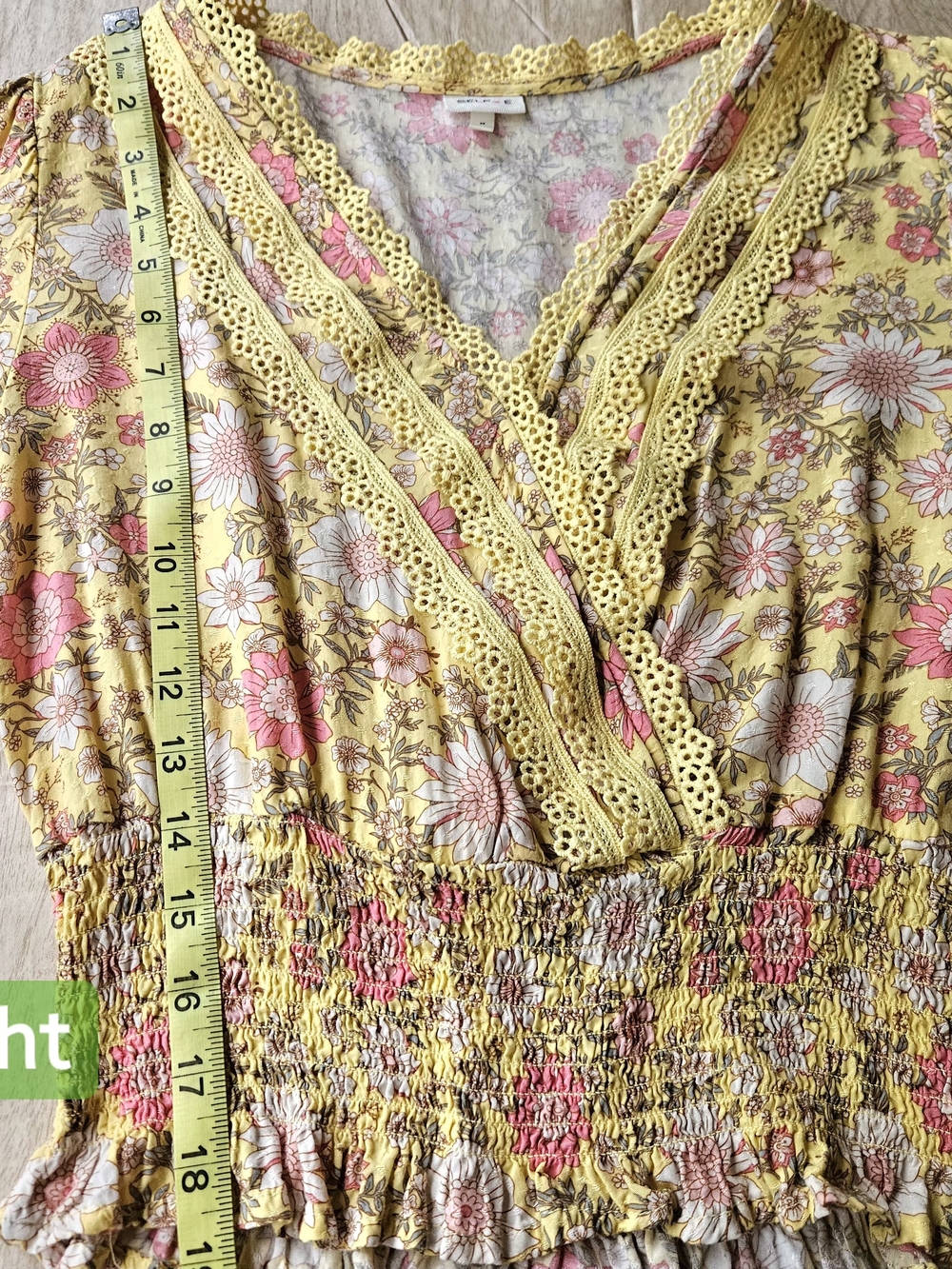 Yellow Pink Floral Boho Faux Wrap Smocked Blouse Lace Size M - Picture 9 of 14